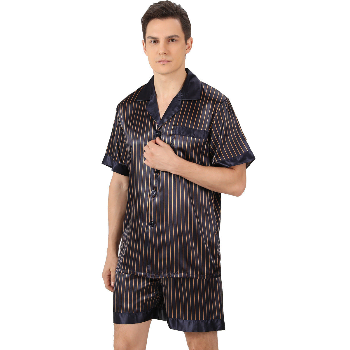 Men’s Summer Printed Short-sleeved Shorts Pajamas - Golden Stripes / S
