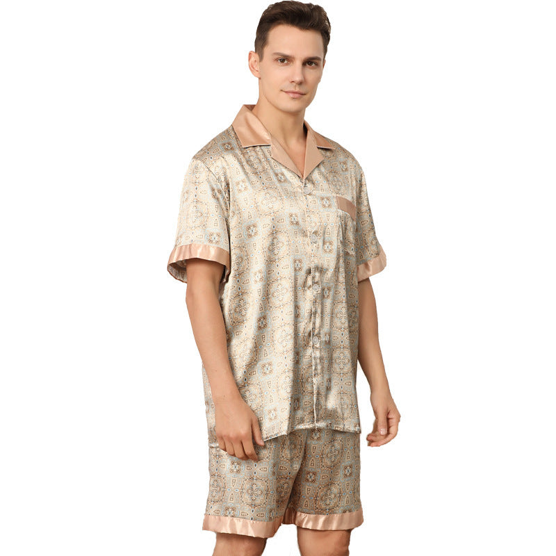 Men’s Summer Printed Short-sleeved Shorts Pajamas - Khaki / S
