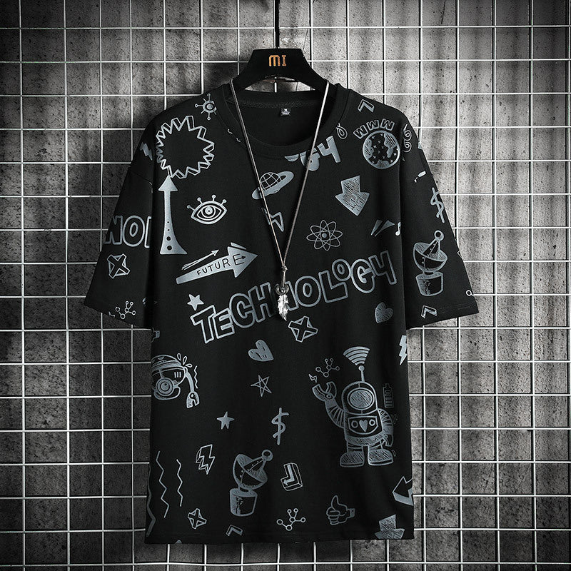Men’s Teenage Fashion Trendy Short Sleeve T-shirt - Black / M