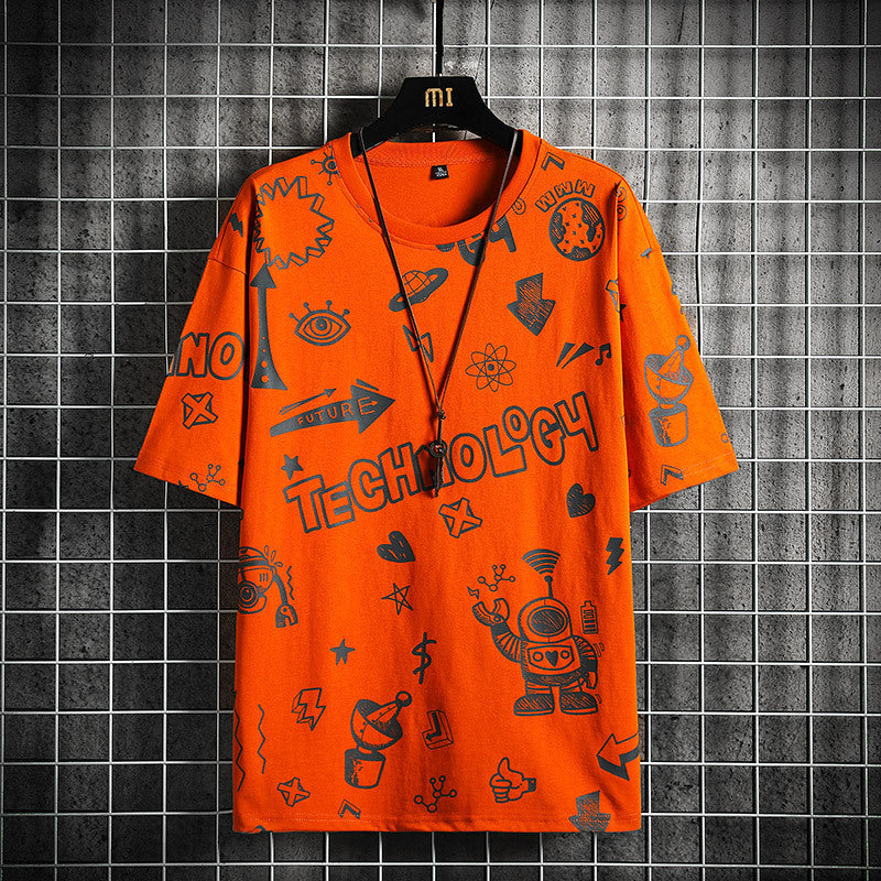Men’s Teenage Fashion Trendy Short Sleeve T-shirt - Orange / M