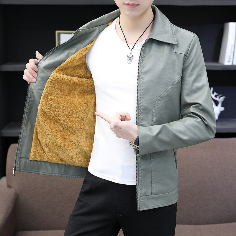 Men’s Thin Leather Jacket - Green velvet / L
