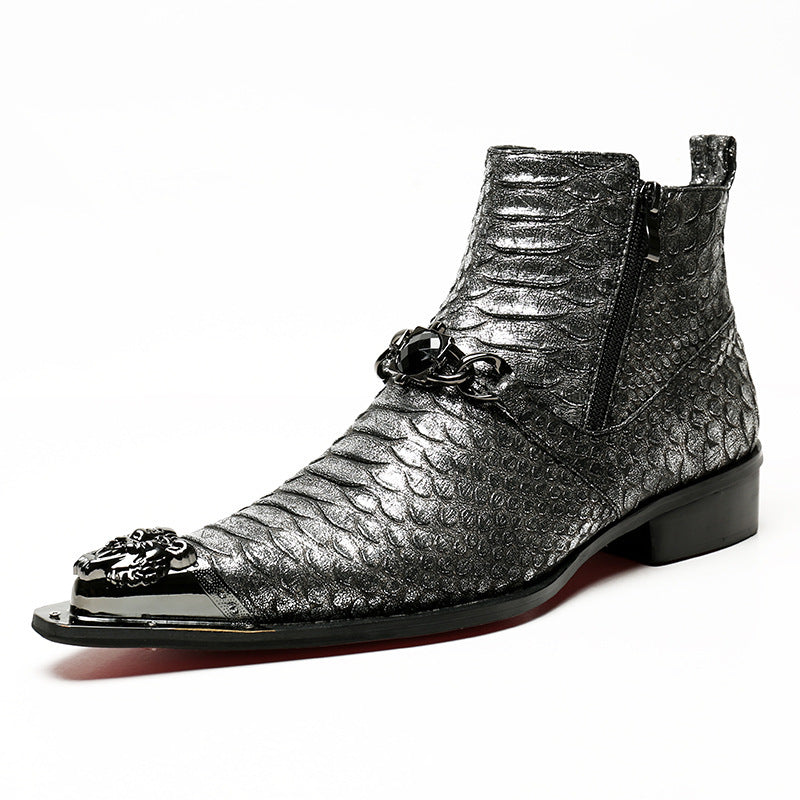 Silver snakeskin ankle boot with metal accents in men’s vintage leather Martin boots for luxury fashion online