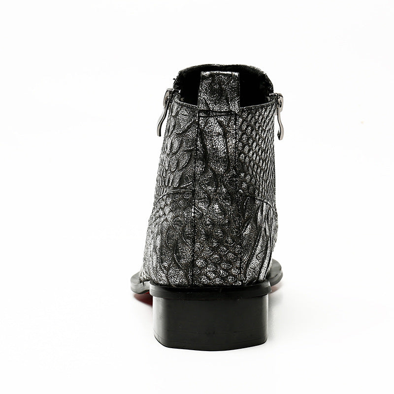 Silver crocodile-patterned ankle boot in men’s vintage casual leather boots for luxury fashion online