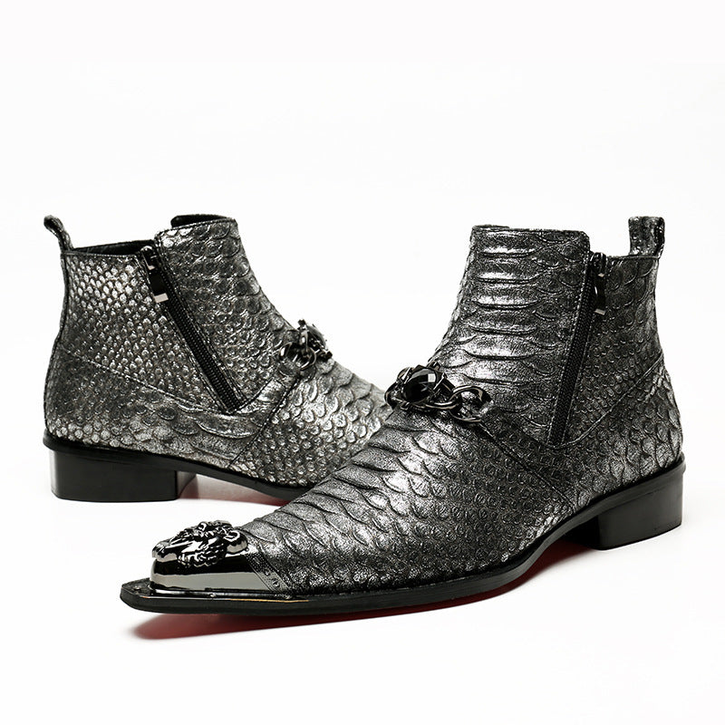 Silver snakeskin ankle boots from Men’s Vintage Casual Leather Martin Boots for luxury fashion online