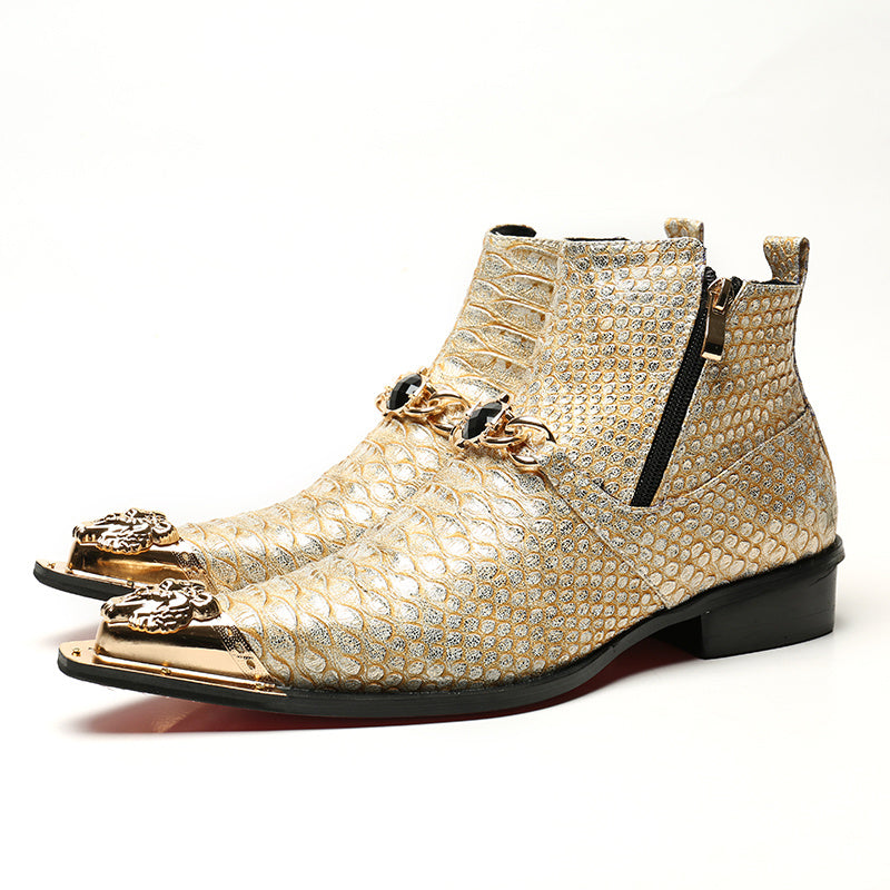 Gold snakeskin ankle boots from Men’s Vintage Casual Leather Martin Boots, perfect for luxury fashion for all