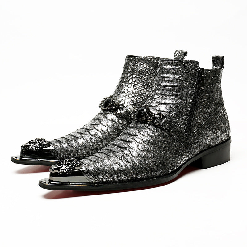 Silver snakeskin ankle boots from Men’s Vintage Casual Leather Martin Boots illustrating high-end fashion online