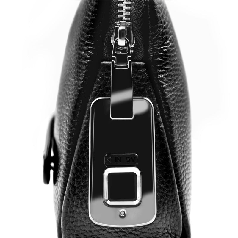 Mens Wallet Fingerprint Lock Bag First Layer Cowhide Business Handbag Men Fashion Fingerprint Men Bag - Black / USB