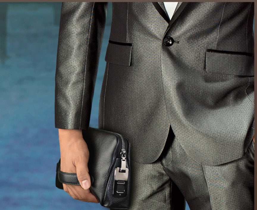 Mens Wallet Fingerprint Lock Bag First Layer Cowhide Business Handbag Men Fashion Fingerprint Men Bag - Black / USB