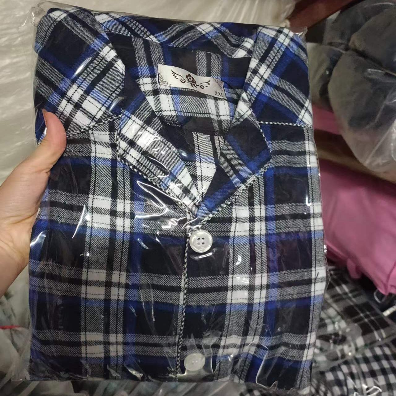 Men’s Warm Cloth Flannel Pajama Suit - Big blue stripe / XL
