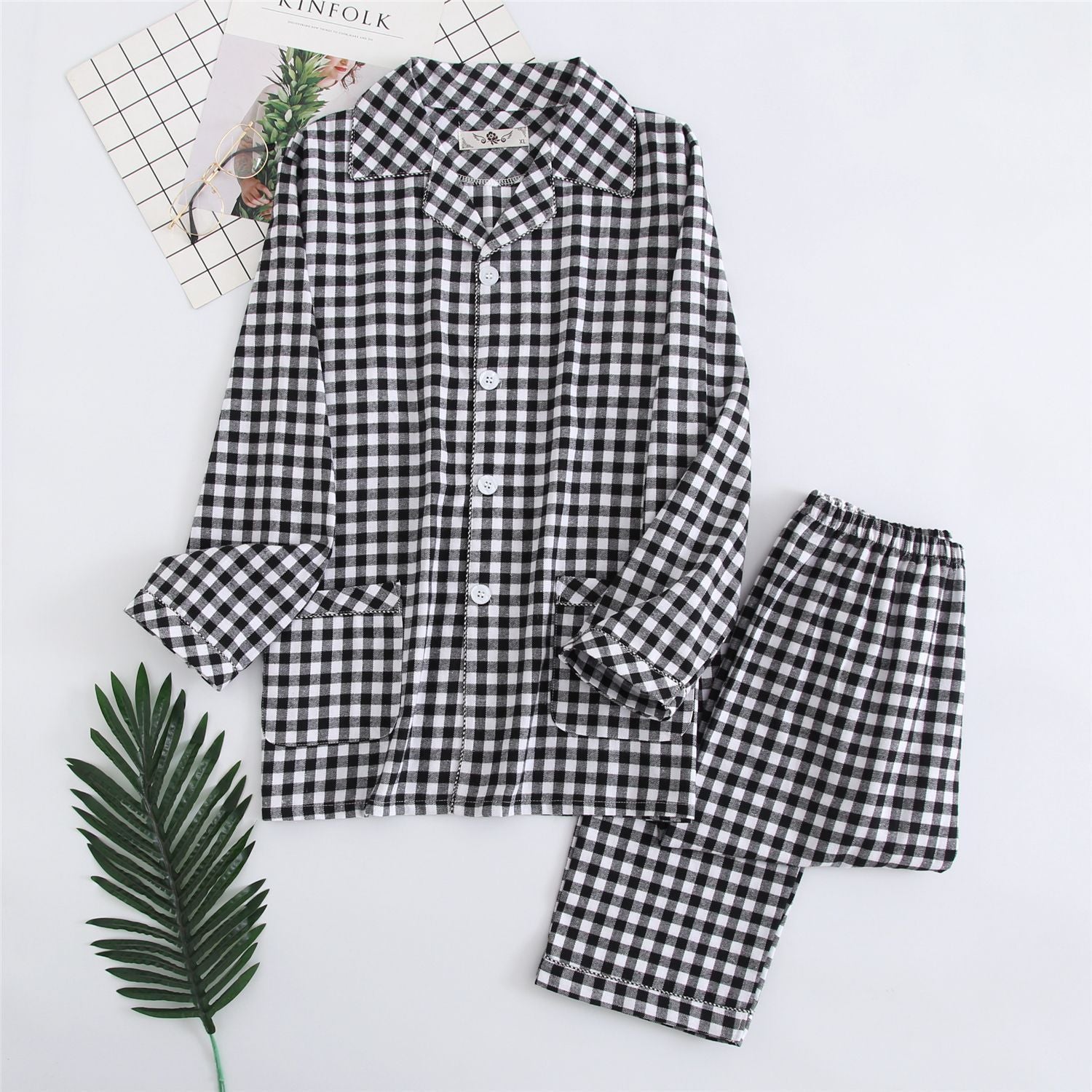 Men’s Warm Cloth Flannel Pajama Suit - Black white / XL