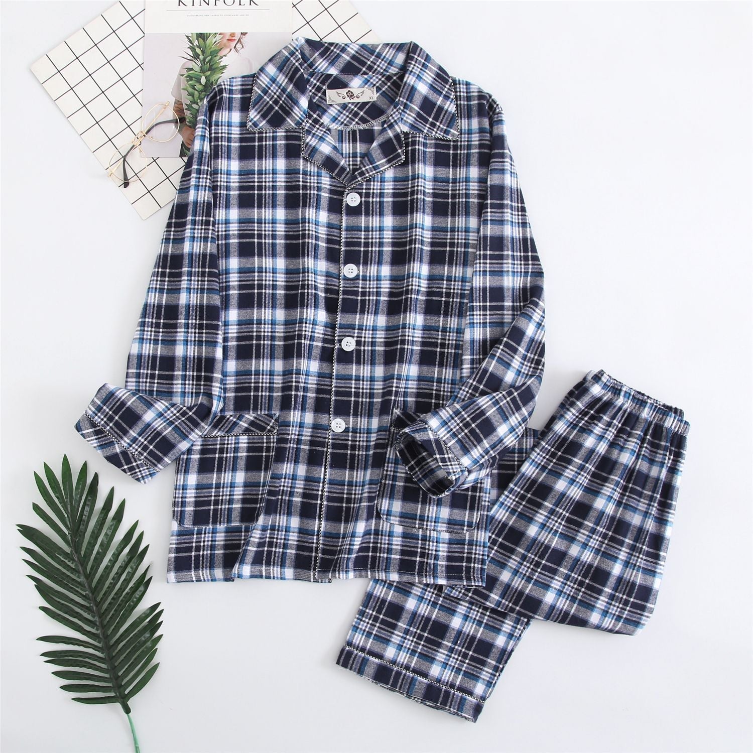 Men’s Warm Cloth Flannel Pajama Suit - Blue stripe / XL
