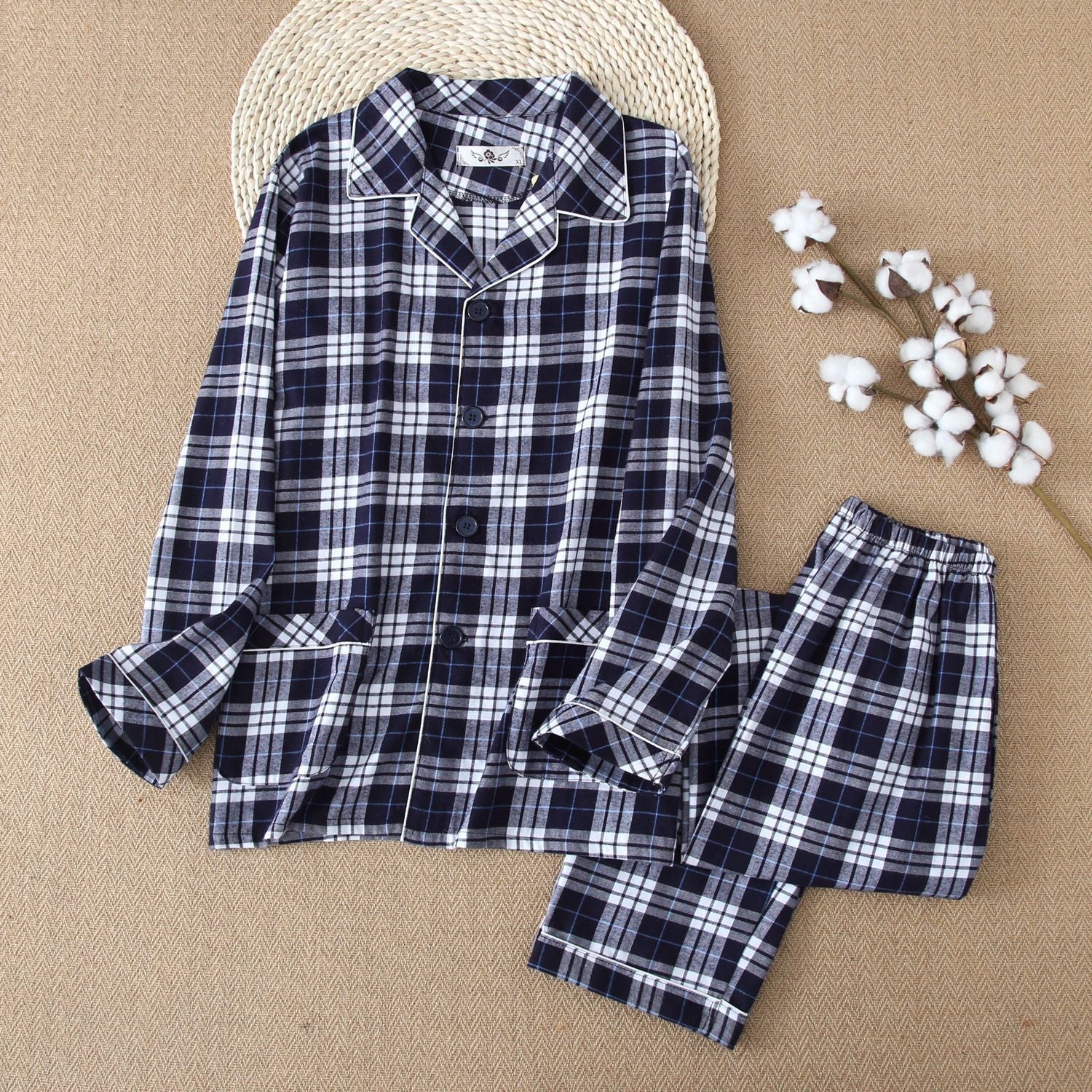 Men’s Warm Cloth Flannel Pajama Suit - Blue white / XL