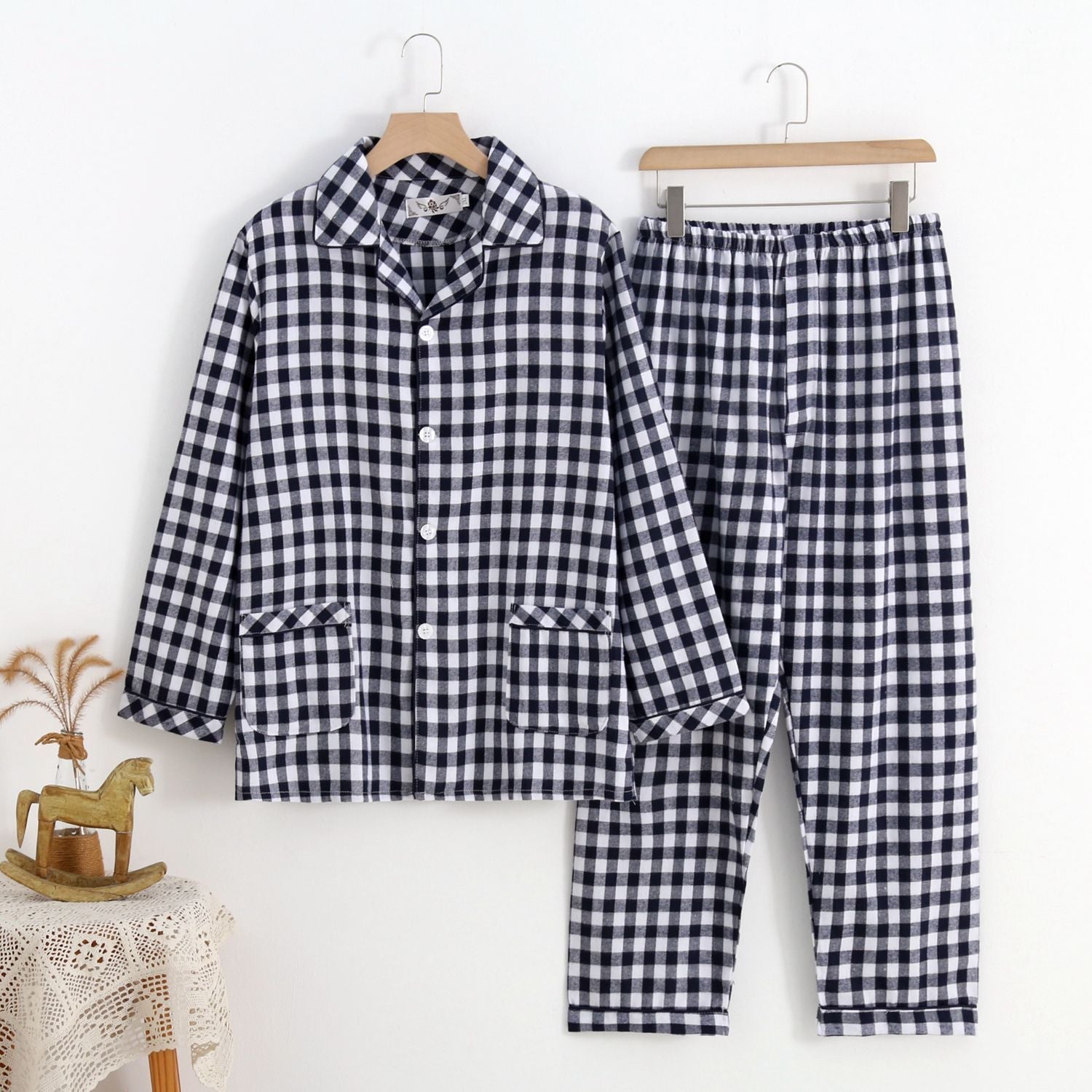 Men’s Warm Cloth Flannel Pajama Suit - Tibetan green small lattice / XL