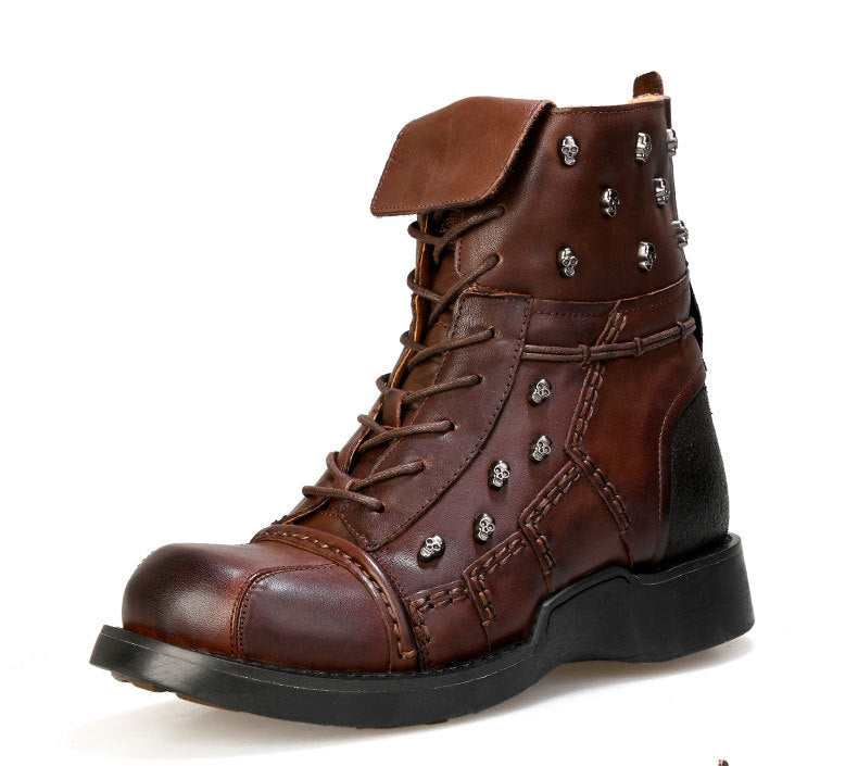 Men’s Warm Work Clothing Motorcycle Waterproof High-top Steampunk Leather Boots - 22960 Brown / 37 One Size Larger