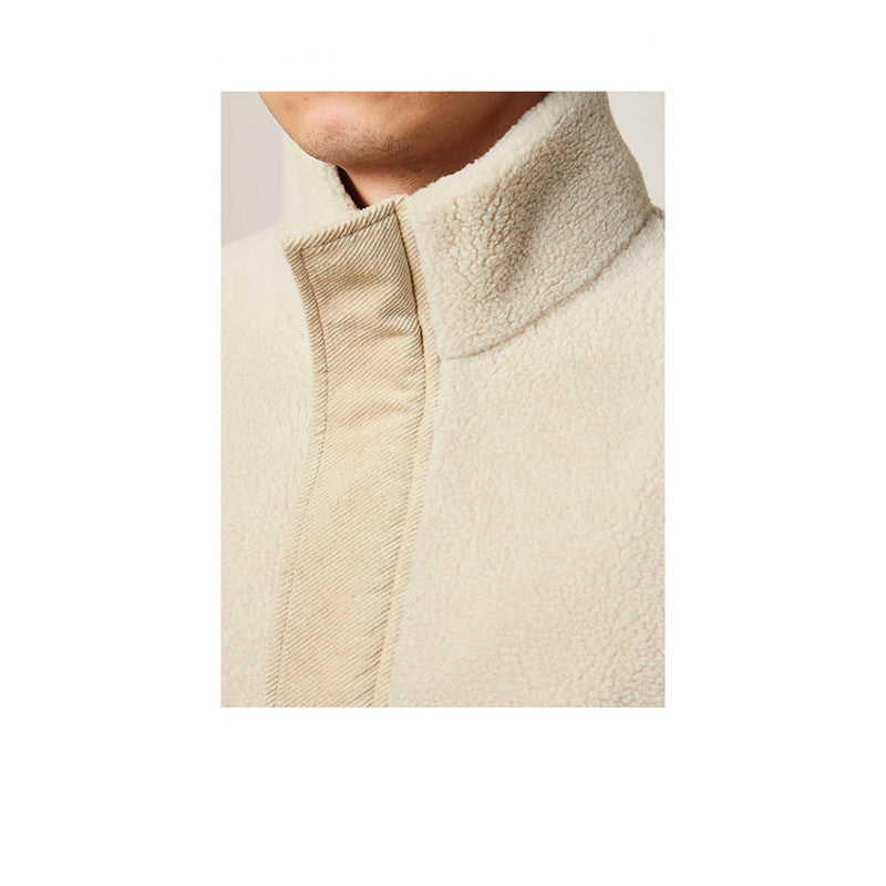 Men’s Winter Faux Lamb Warm Thick Jacket Casual Style Stand Collar Solid Color