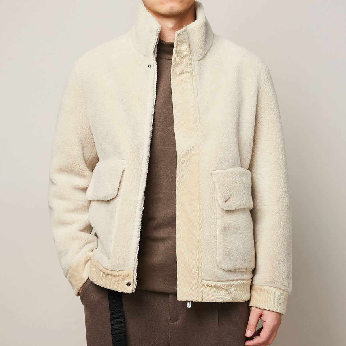 Men’s Winter Faux Lamb Warm Thick Jacket Casual Style Stand Collar Solid Color - Khaki / 3XL