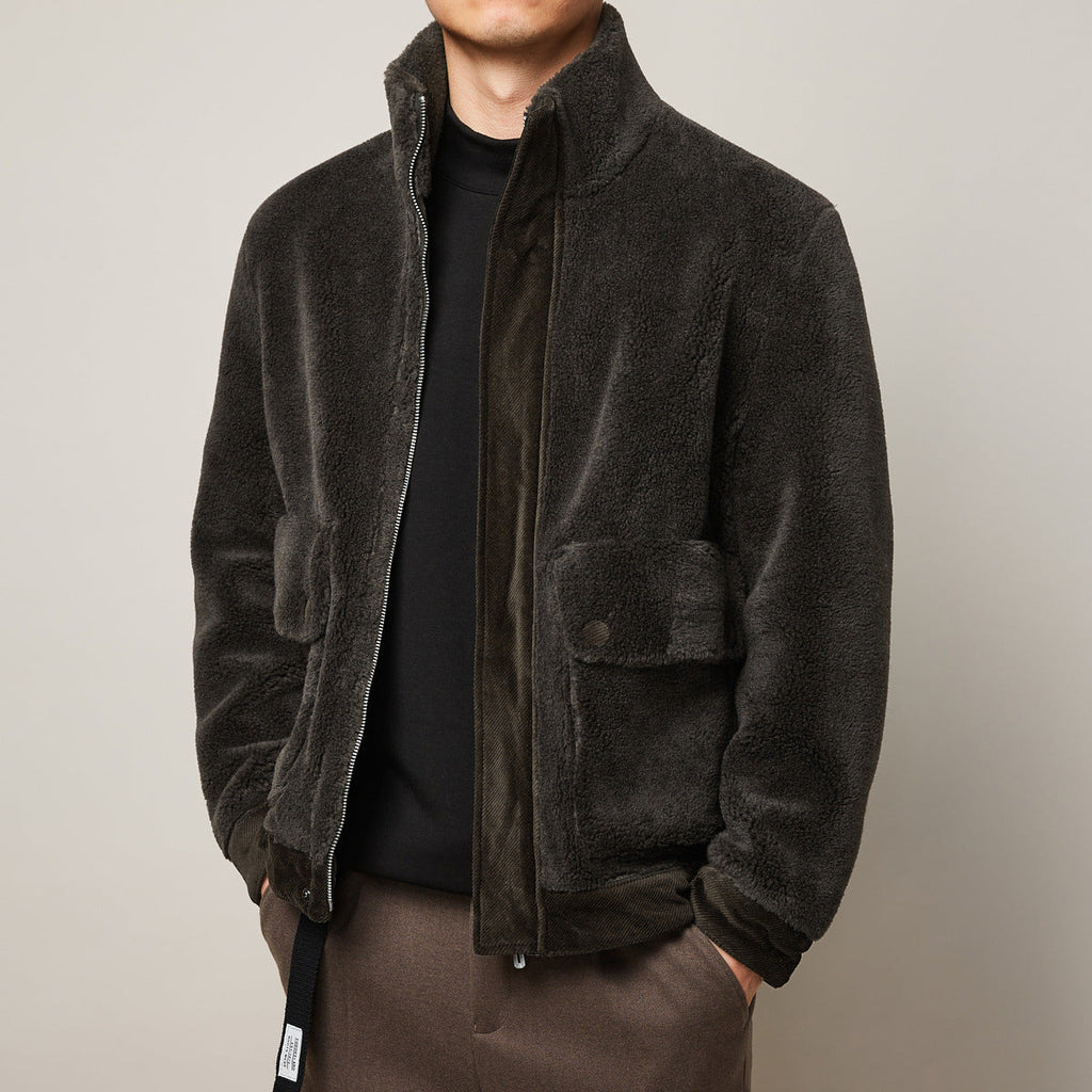 Men’s Winter Faux Lamb Warm Thick Jacket Casual Style Stand Collar Solid Color - Green / XL