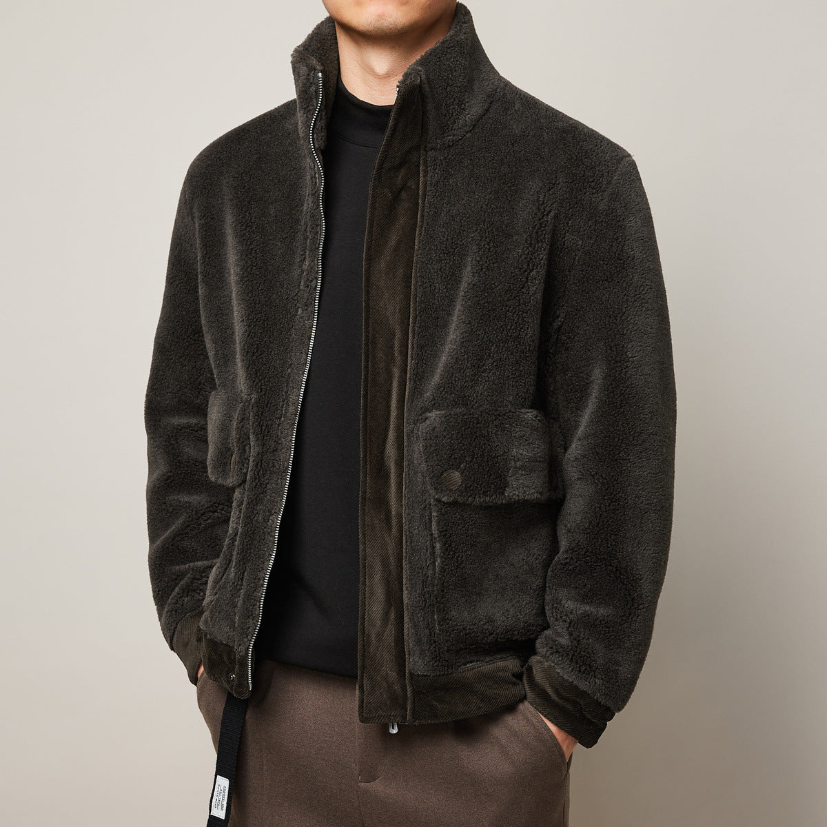 Men’s Winter Faux Lamb Warm Thick Jacket Casual Style Stand Collar Solid Color - Green / XL