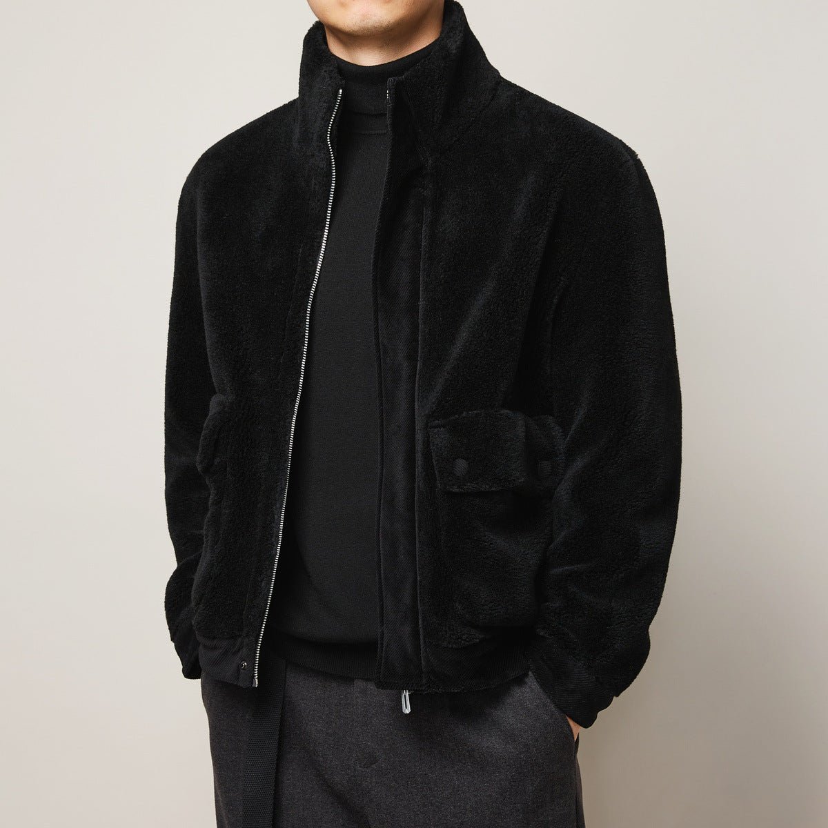 Men’s Winter Faux Lamb Warm Thick Jacket Casual Style Stand Collar Solid Color - Black / XXL