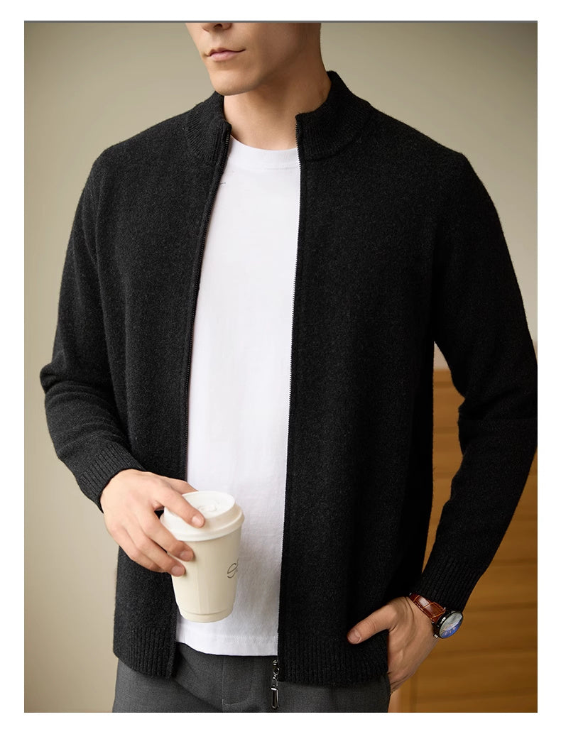 Men’s Zipper Stand-up Collar Cardigan Coat - Black / 2XL