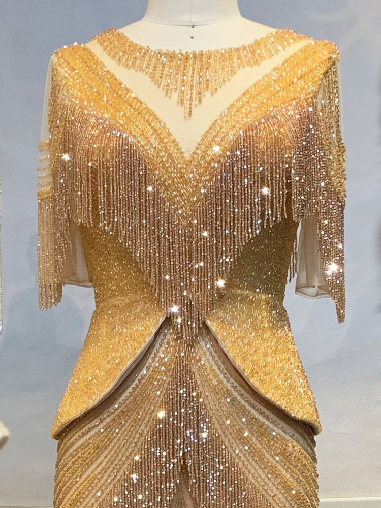 Mermaid Evening Dress Woman Queen Fashion Banquet - Gold / XS