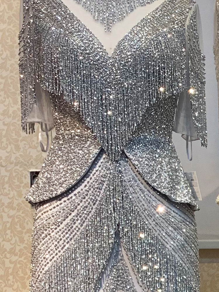 Mermaid Evening Dress Woman Queen Fashion Banquet - Silver / XS