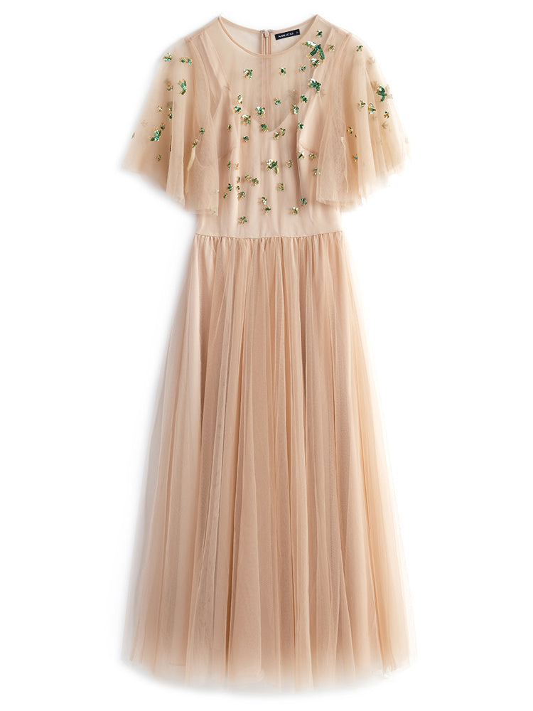 Mesh Flare Sleeve Umbrella Swing Dress - Apricot / L