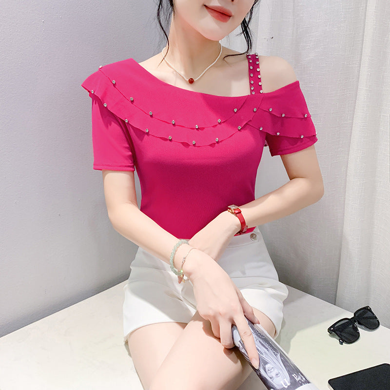 Ruffled Short Sleeves Off-the-shoulder Filamentation Top - Rose Red / S