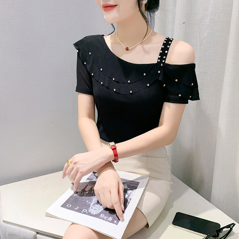 Ruffled Short Sleeves Off-the-shoulder Filamentation Top - Black / S