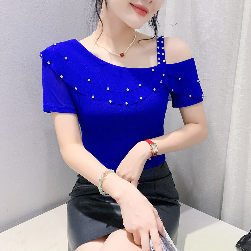 Ruffled Short Sleeves Off-the-shoulder Filamentation Top - Blue / S