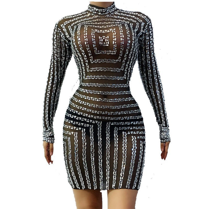 Mesh Perspective Long Sleeve Hip Pack Slim Short Skirt - As shown / S