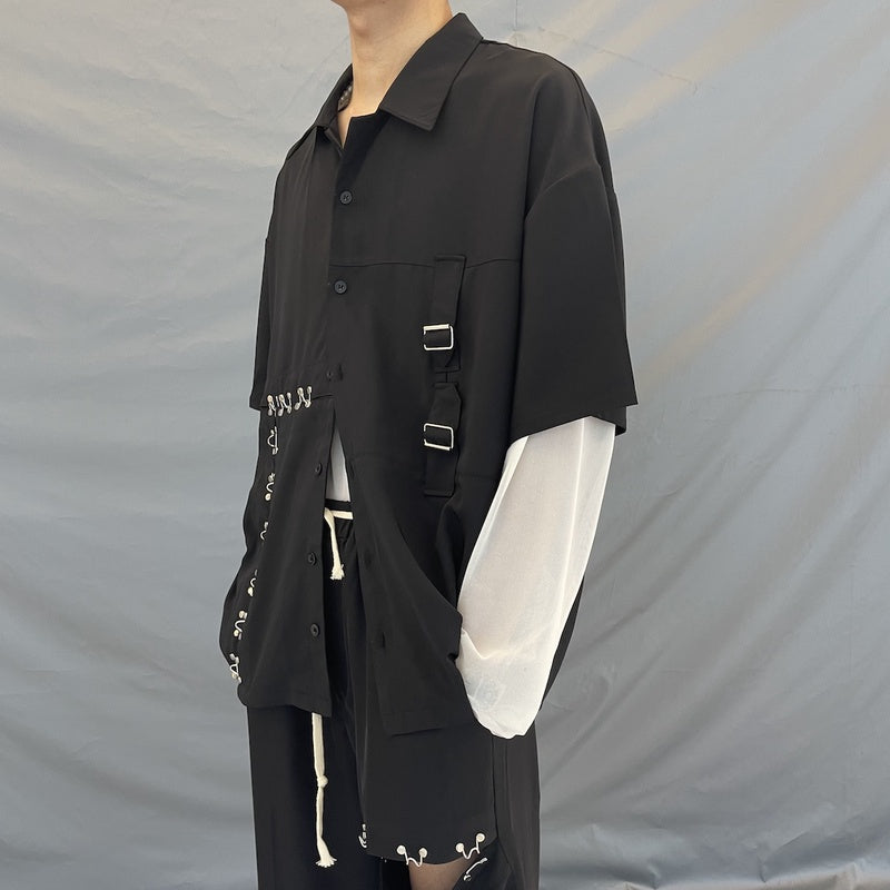 Handsome Shirt Short-Sleeved Half-Sleeved Popular Jacket Loose Casual Shirt Trend Metal Button Black Short-Sleeved Shirt
