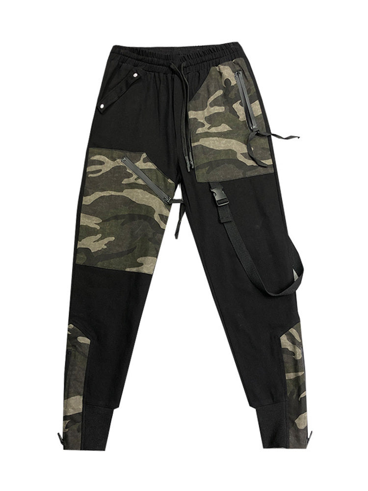 Functional Casual Overalls Camouflage Stitching Personality Slim - Black / S