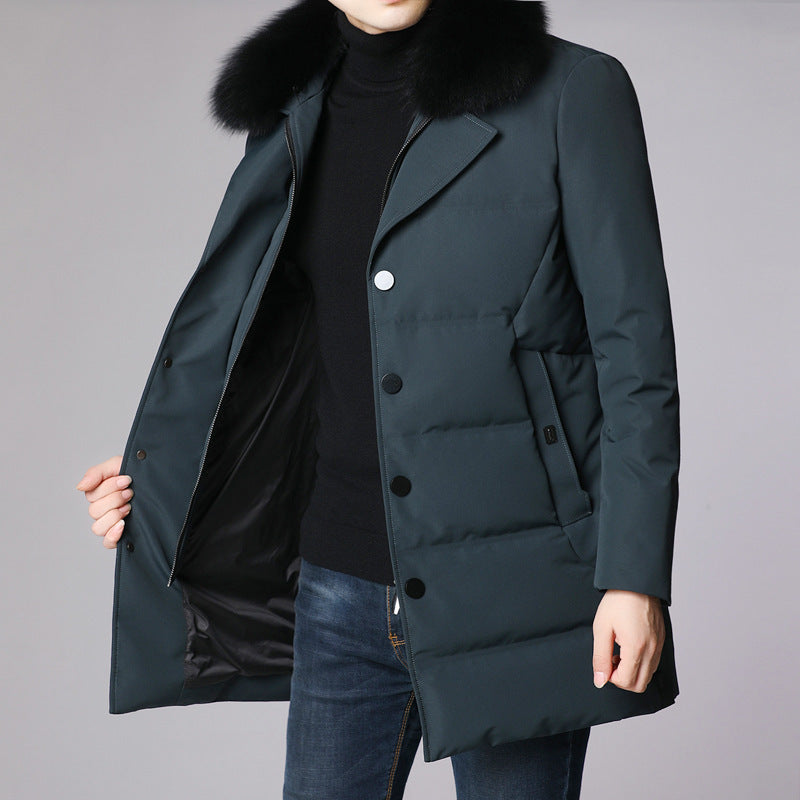 Mid-length thick warm casual hooded coat - Blue / XL