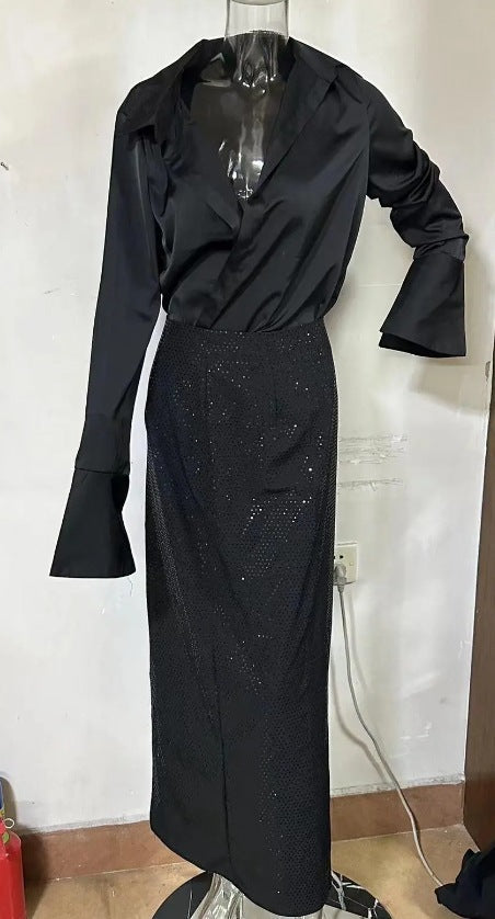 Midnight Black High-End Fashion Online Skirt Set