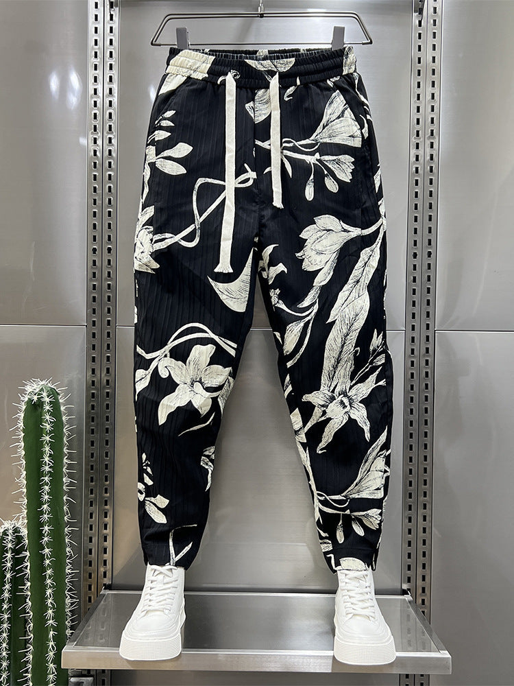 Men’s Ice Silk Printed Cotton And Linen Casual Pants - Black / M