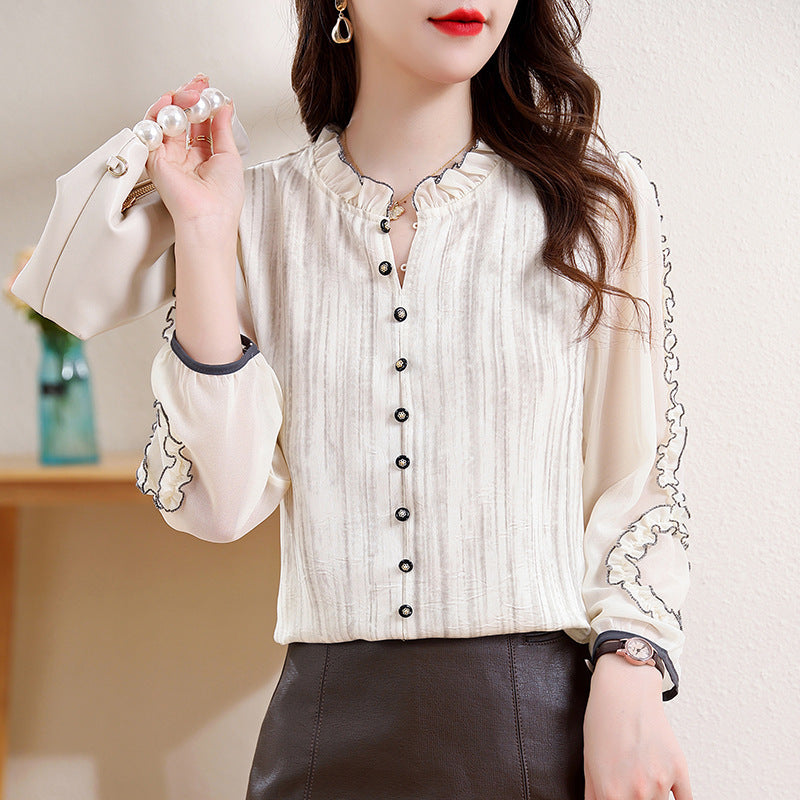 Women’s Sleeved Acetate Jacquard Top With Wooden Ear Collar Plate