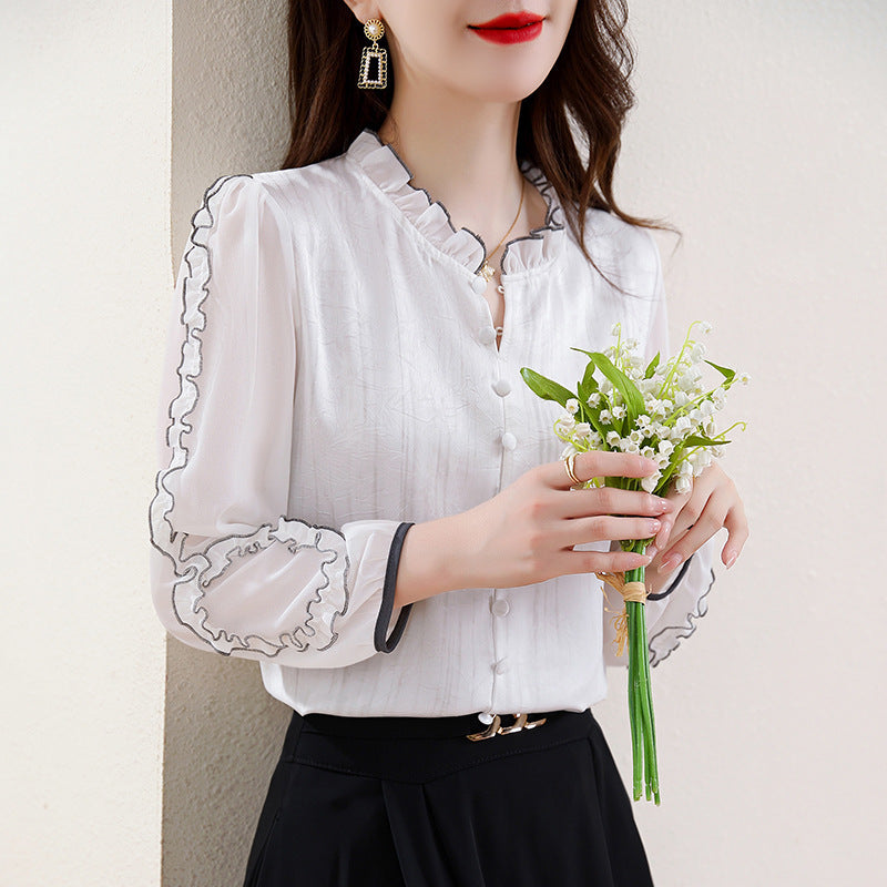 Women’s Sleeved Acetate Jacquard Top With Wooden Ear Collar Plate