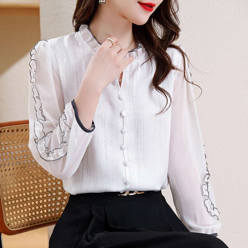 Women’s Sleeved Acetate Jacquard Top With Wooden Ear Collar Plate