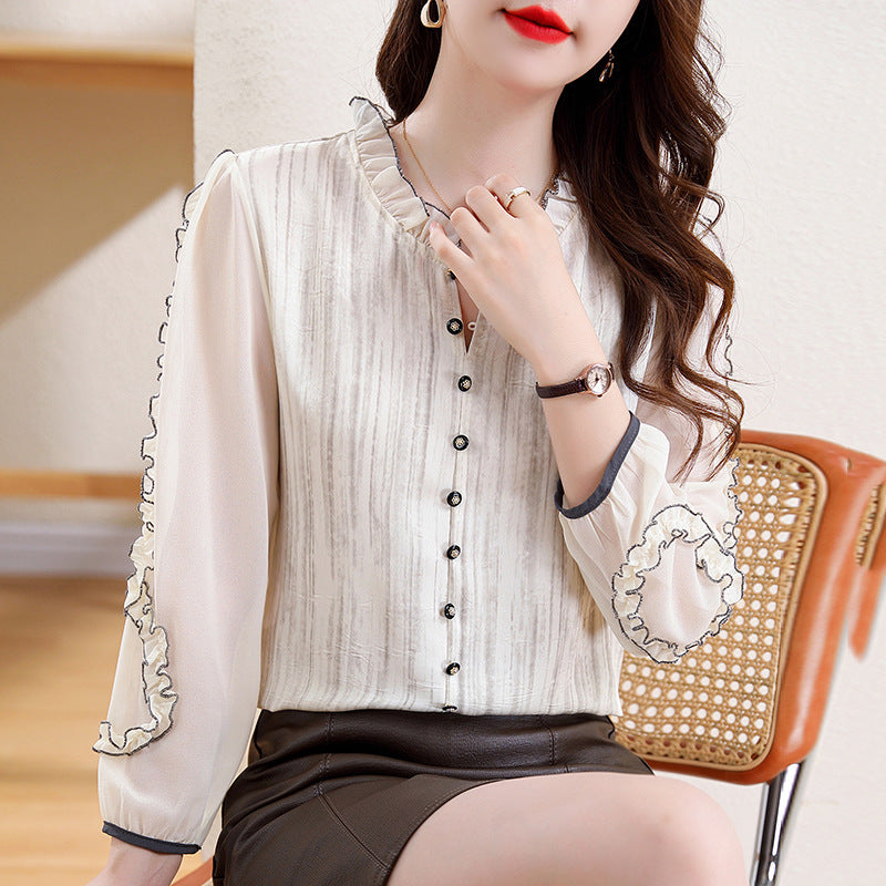 Women’s Sleeved Acetate Jacquard Top With Wooden Ear Collar Plate
