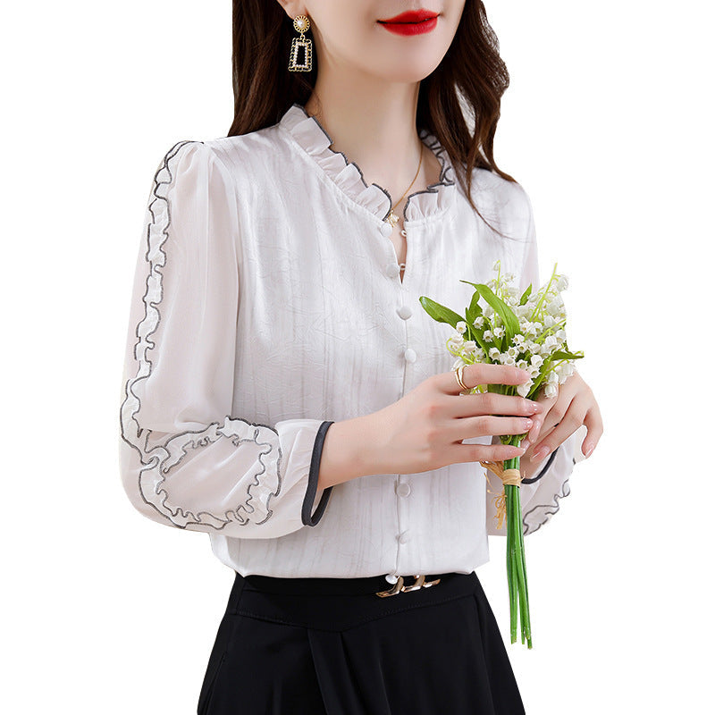 Women’s Sleeved Acetate Jacquard Top With Wooden Ear Collar Plate - Beige / M