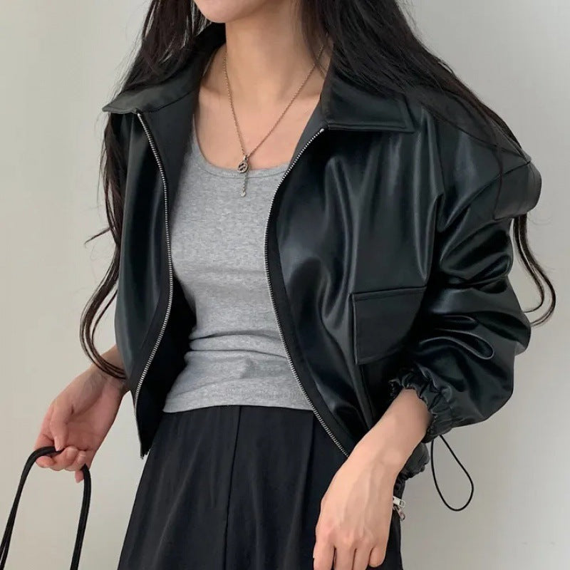 Lapel Double Zipper Pocket Long Sleeve Leather Coat - Black / Free Size