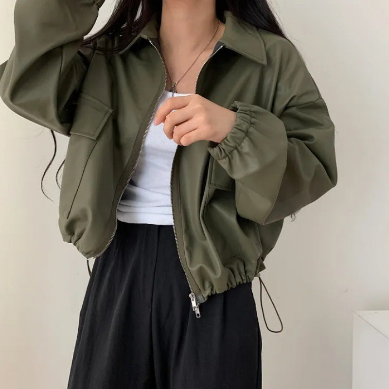 Lapel Double Zipper Pocket Long Sleeve Leather Coat - Army Green / Free Size