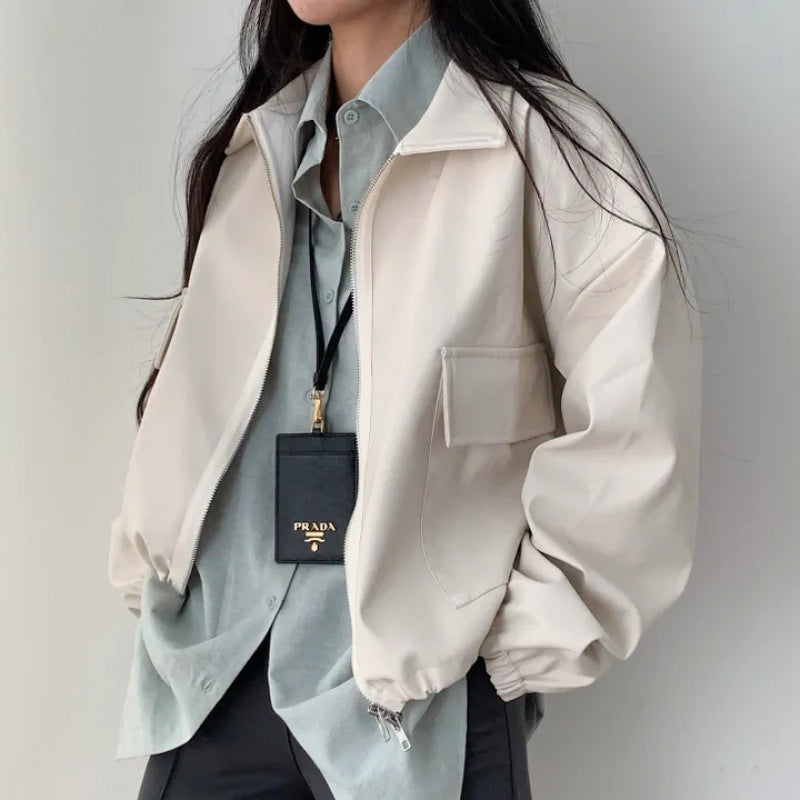 Lapel Double Zipper Pocket Long Sleeve Leather Coat - Milky White / Free Size