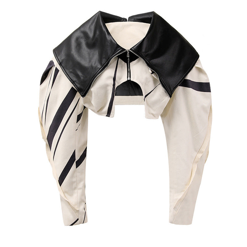 Personalized Heavy Industry Design Short Coat Female Stitching PU Temperament - Beige / S