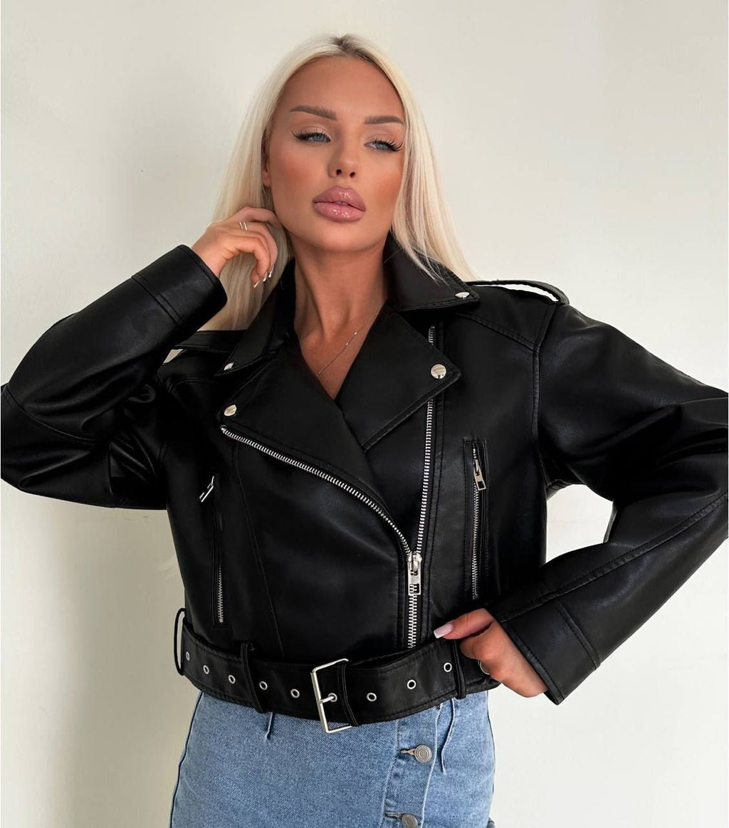 Fashionable Washed Faux Leather Motorcycle PU Zipper Jacket - Black / S