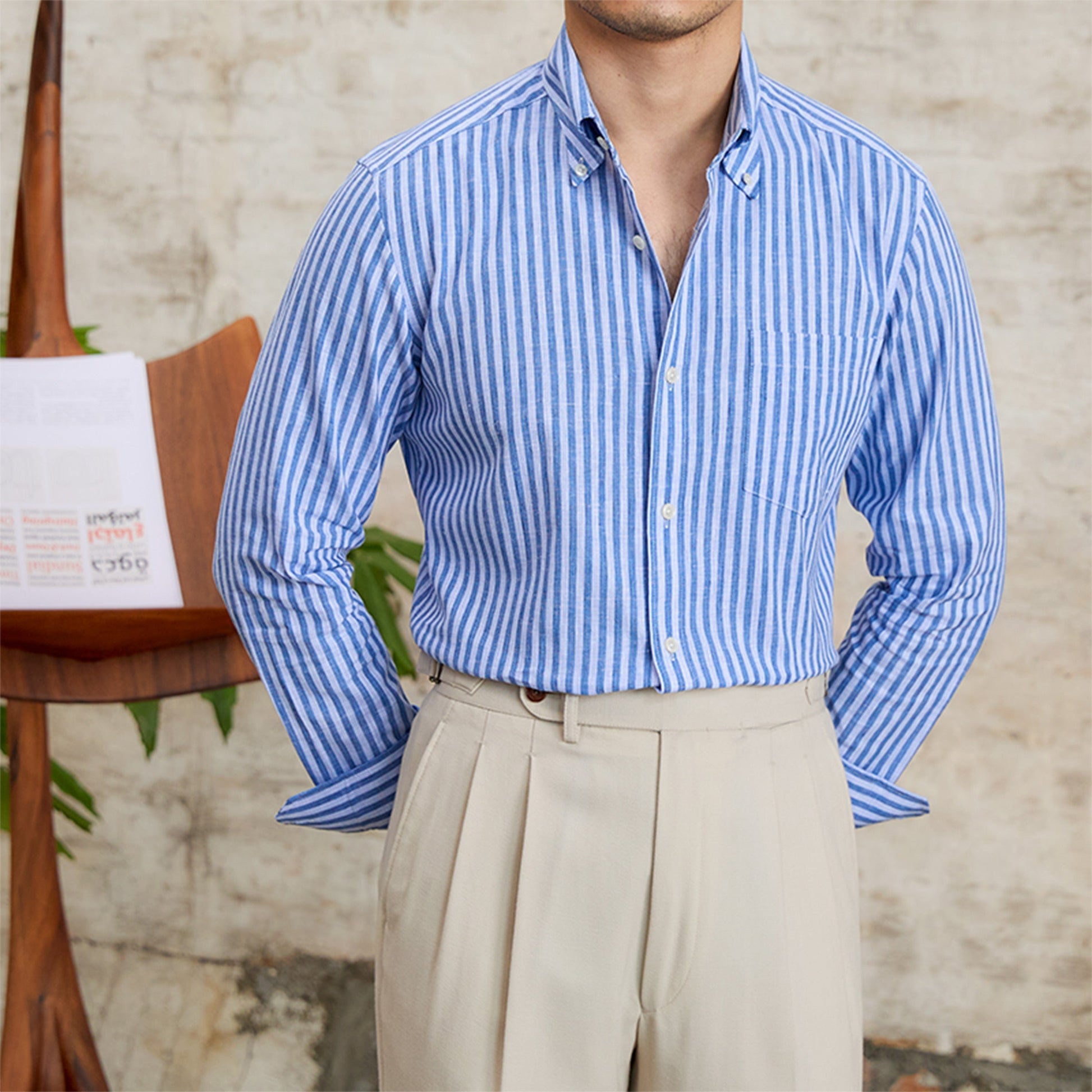 Petty Bourgeoisie Striped Gentry Dress Cotton Linen Long Sleeved Shirt - Blue / M