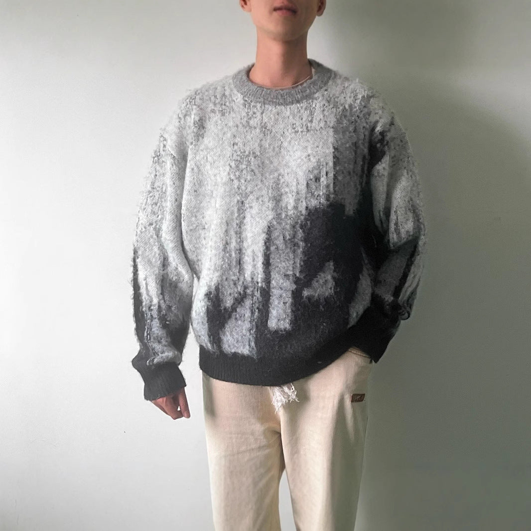 Mohair Soft Glutinous Color-block Crew Neck Knitted Sweater - White / S