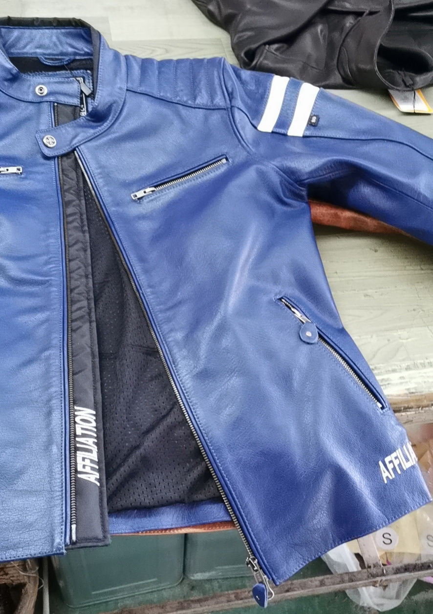 Motorcycle leather jacket - Blue / XXL