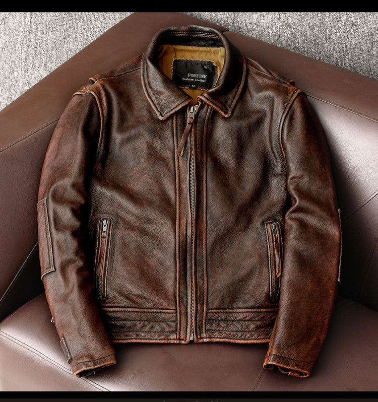 Motorcycle Short Stone Grinding Worn Coat - Reddish brown / S